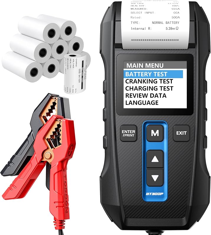 Car Battery Tester 12V 24V 100-2000CCA Lead-Acid Battery, TOPDON BT300P Alternator Tester, Load Tester, with Built-in Prin...