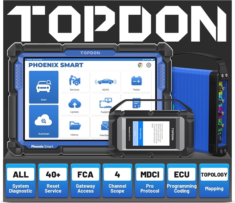 TOPDON Phoenix Smart with 4-Channel Oscilloscope, Bidirectional Scan Tool for 200+ Brands, OBD2 Scanner Diagnostic Tool with ECU Programming Coding, Topology Mapping & ADAS Compatibility