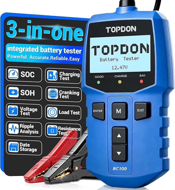 TOPDON BC100 Car Battery Tester 12V Battery Load Tester Safe, 100-2000 CCA Automotive Alternator Meter Diagnostic Tool Charging Cranking System Tester for Car Truck Motorcycle, 2026 New Upgraded